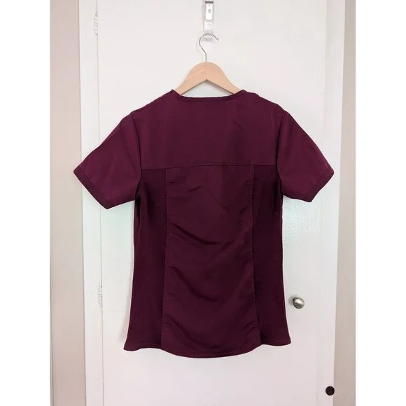 Dickies Wine Red Women's V-Neck Rib Knit Panel Scrub Top Sz S Healthcare Medical - Picture 2 of 8